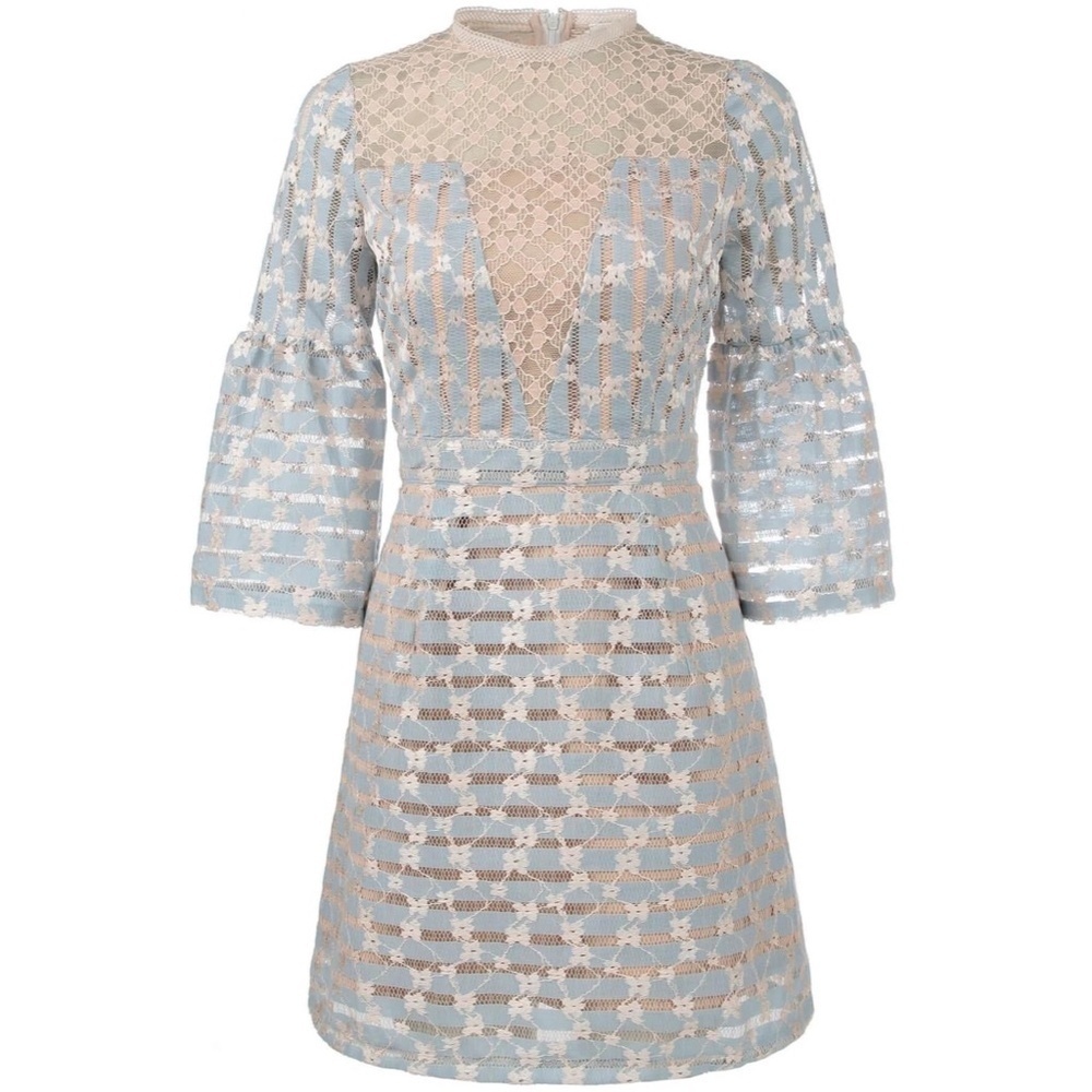 FOXIEDOX Cordelia Bell Sleeve Lace Dress Blue Floral Lace Coquette X-Large - Picture 10 of 14